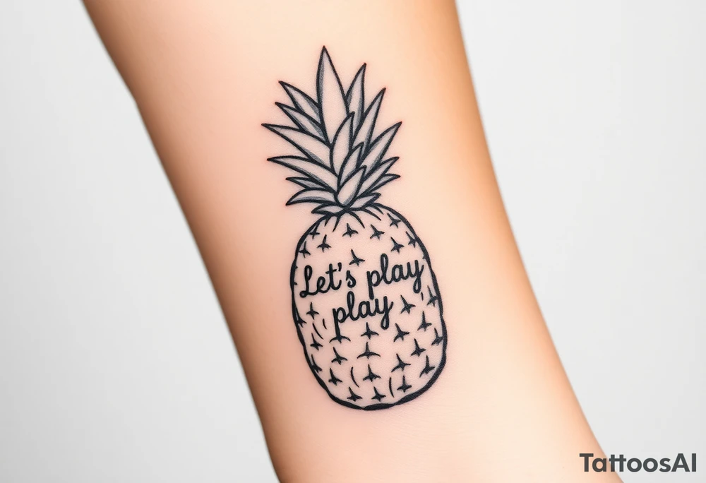 A black ink wrist tattoo featuring a realistic yet minimalistic pineapple. The pineapple is finely detailed with clean, precise lines, capturing the natural texture of the fruit while keeping the design subtle and uncluttered. Inside the body of the pineapple, the phrase "Let's play" is clearly placed in a bold but not overly thick font, ensuring readability while maintaining balance with the overall design. The leaves of the pineapple have a fine-line style with slight variations in thickness for a natural feel. The tattoo blends fine details with subtle bold elements, creating a clean and modern aesthetic. tattoo idea