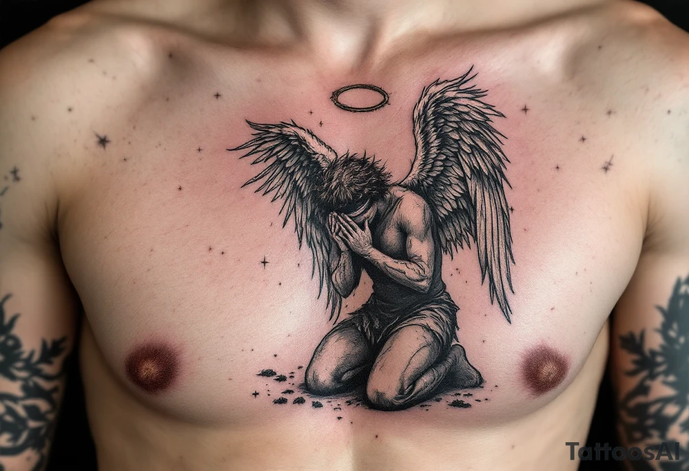 fallen angel on knees down head looking nonsense dropped hands on ground, 
Blindfold,
While his gratful wings scattered in the sky,
With shining halo tattoo idea