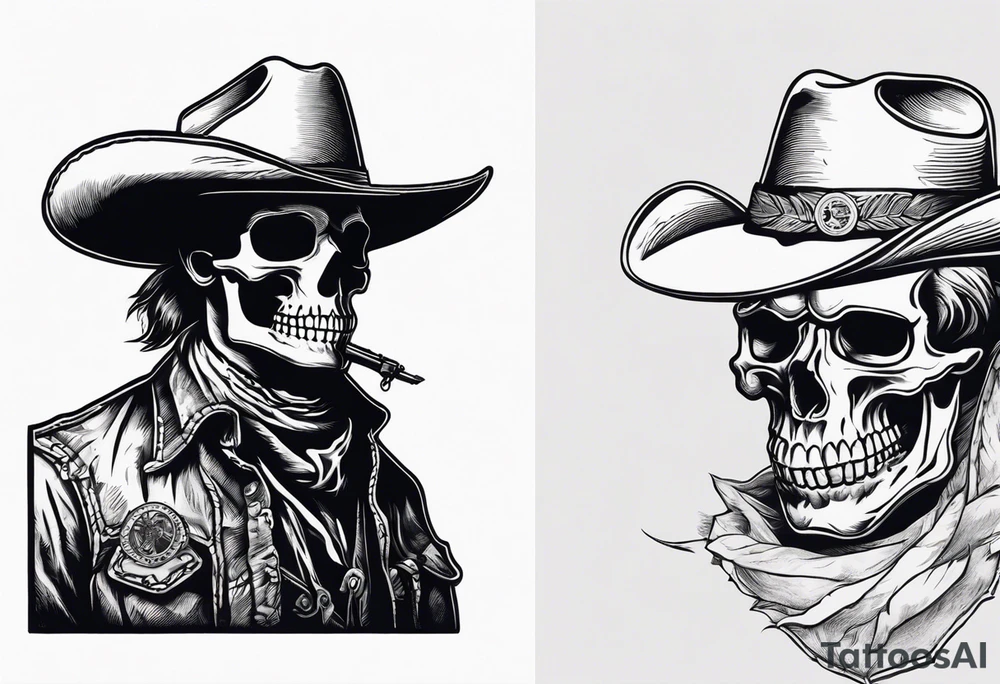 skeleton with a cowboy hat, holding a revolver, in the background there's a western hill and a man on a horseback tattoo idea