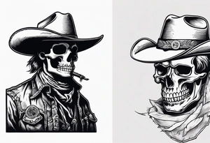 skeleton with a cowboy hat, holding a revolver, in the background there's a western hill and a man on a horseback tattoo idea