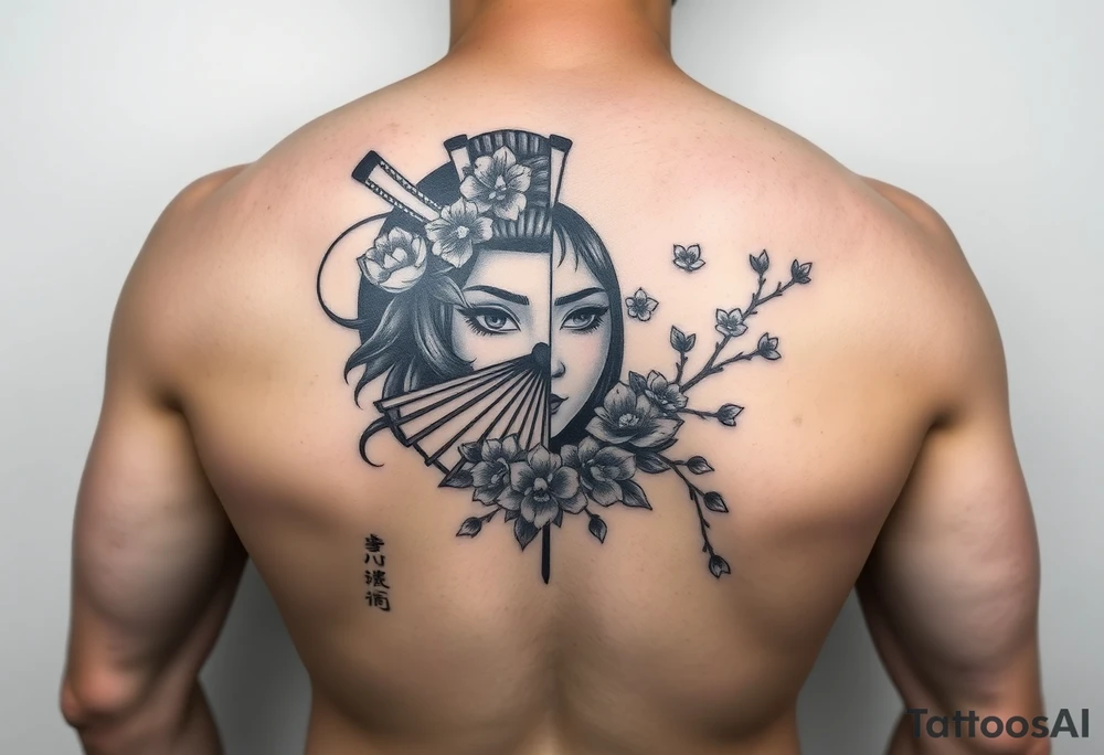 Samurai beauty Asian face and half
 with a fan across her face with cherry blossom tattoo idea