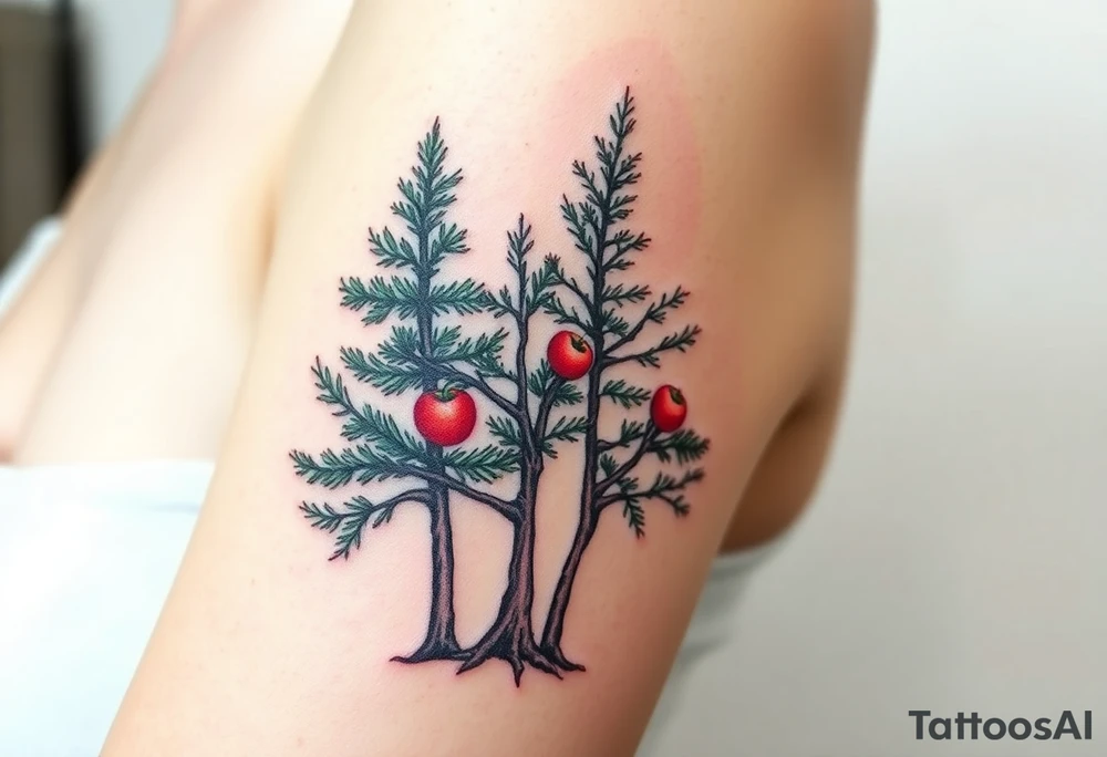 Tree tattoo. Three trees. Cedar pine cherry. Upper arm. tattoo idea