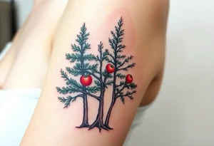 Tree tattoo. Three trees. Cedar pine cherry. Upper arm. tattoo idea