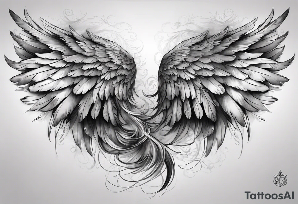 Realistic angel wings extending from the shoulders, covering the upper arms and upper back. The feathers are intricately detailed, with soft shading in black and gray to create depth and texture. The wings gently converge in the middle of the back, forming a harmonious and cohesive design. tattoo idea