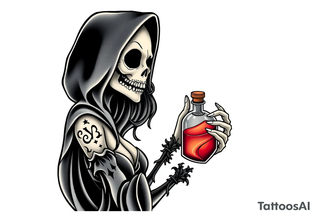 Sexy  xxx Female grim. Reaper and drinks her
 death poison bottle tattoo idea