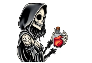 Sexy  xxx Female grim. Reaper and drinks her
 death poison bottle tattoo idea
