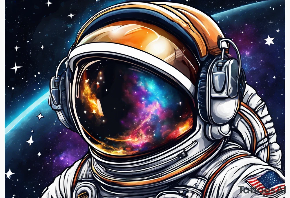 Astronaut emerging from the universe with boxing gloves and headphones pn tattoo idea