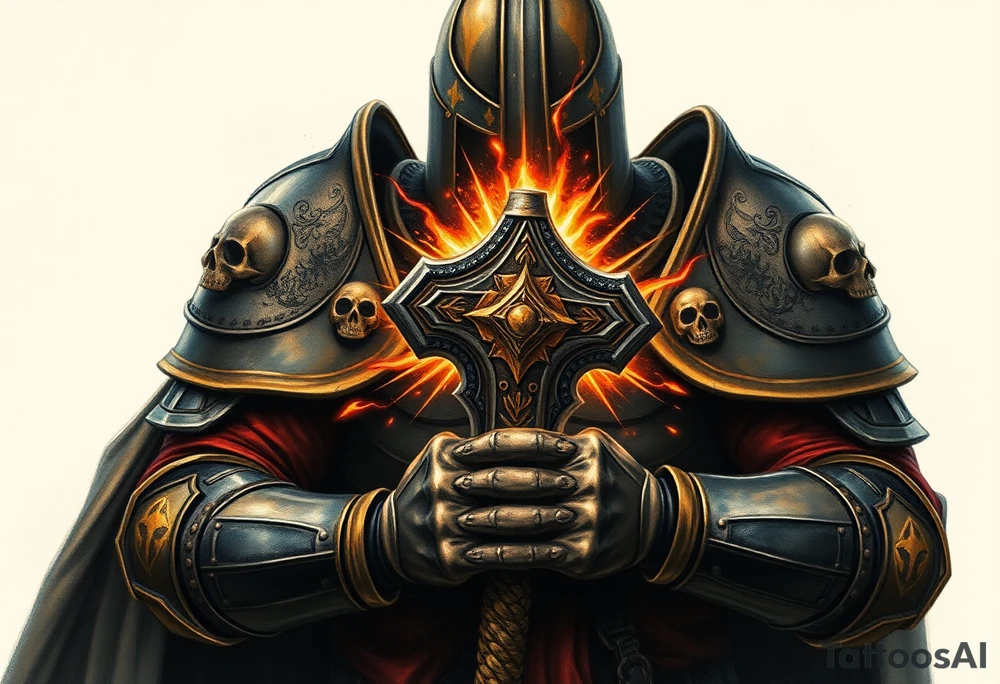 Warhammer, the Old World. A warrior priest of Sigmar holding The Warhammer of Sigmar. The Warhammer of Sigmar is radiating thunderous energy. The Warhammer is held by the warrior priest with both hands upon his chest level. The Warrior priest is wearing dark alloyed heavy armour (reference armor from warhammer vermintide 2 Victor Saltzpyres, the warrior priest of Sigmar class) with skull sigils on his shoulder pads. The warrior priest is wearing a helmet, while the helmets front visor has an humanoid face covering. The helmet and armour are gladened with hints of gold and crimson red. The Warhammer is silverish and golden with a long handle tattoo idea