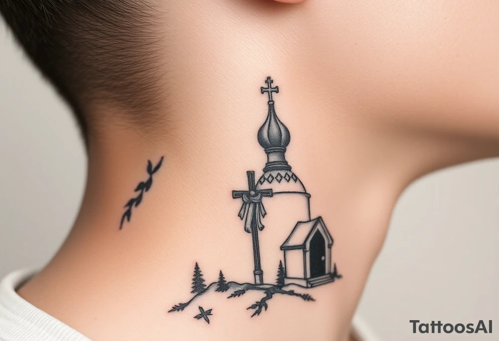 russian design  traditional christian orthodox cross with a virgin mary stood beside the entrance of a russian orthodox dome church on the side of the neck in a wilderness setting tattoo idea