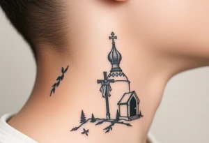 russian design  traditional christian orthodox cross with a virgin mary stood beside the entrance of a russian orthodox dome church on the side of the neck in a wilderness setting tattoo idea
