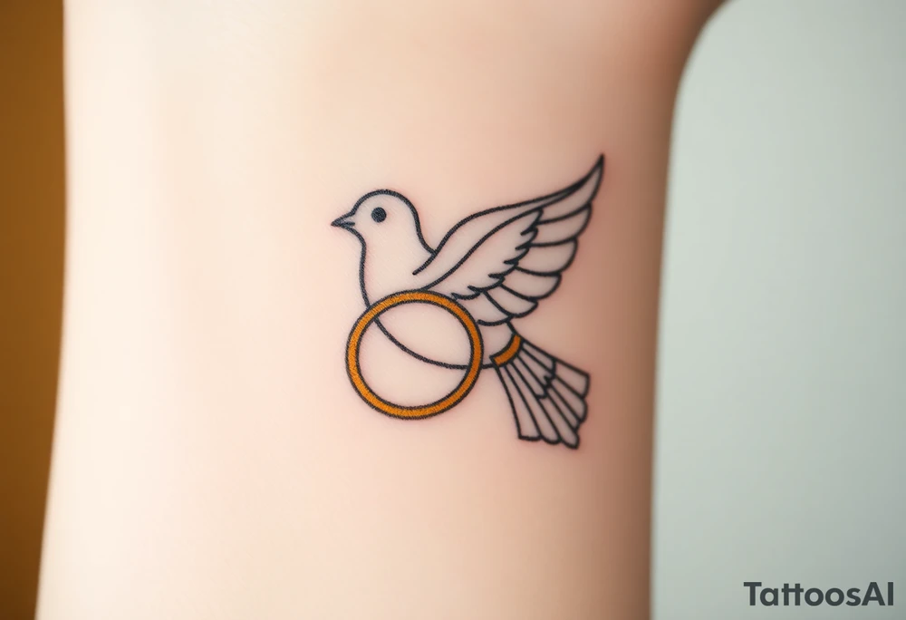 A collared dove with a golden wedding ring clasped in its talons, in a soft golden hue with the dove in pale gray and white, symbolizing commitment and eternal love tattoo idea