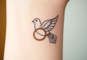 A collared dove with a golden wedding ring clasped in its talons, in a soft golden hue with the dove in pale gray and white, symbolizing commitment and eternal love tattoo idea