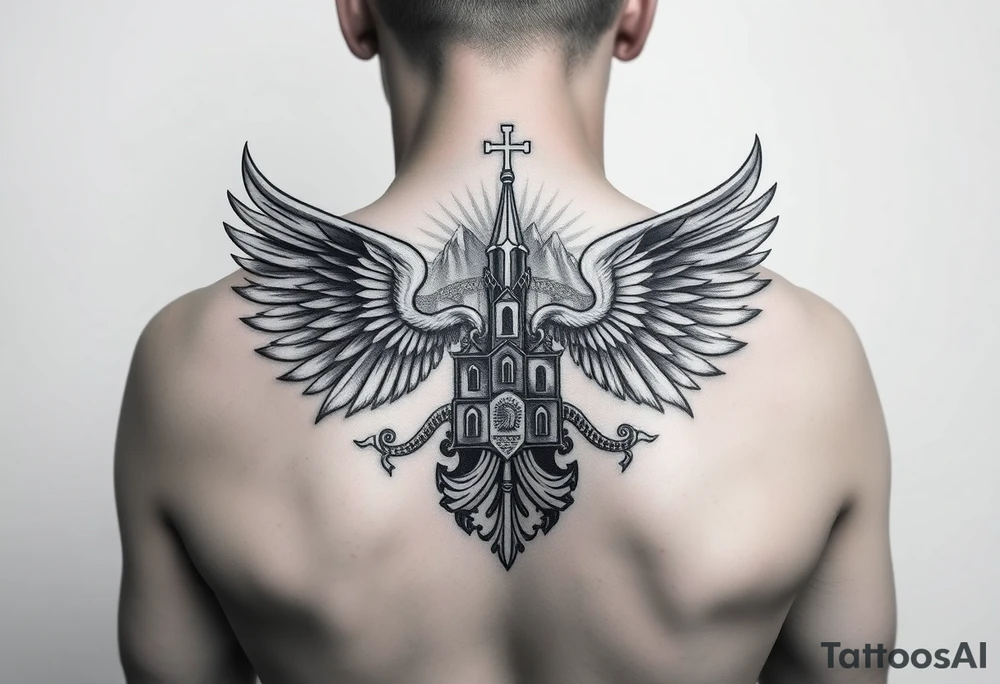 an actual russian coat of arms with both heads visible & wings spanning out on my back neck across on to my shoulders / traps with a orthodox christian church being visible in a mountainous sun beaming setting, with the russian orthodox cross spire of the orthodox church being visible on my neck with a sun beaming in the background that the cross sits inside tattoo idea