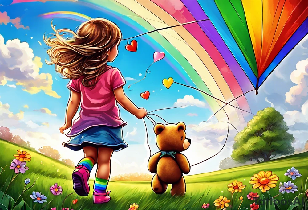 the image of a little girl facing away, flying a kite, with a teddy bear wearing rainbow boots tattoo idea