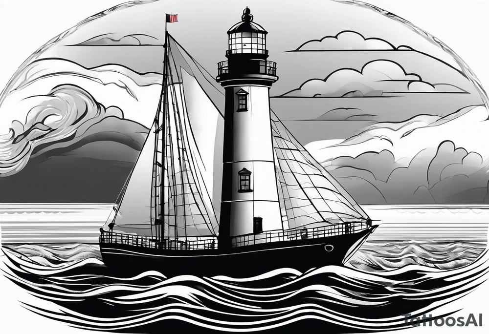 maritime lighthouse partially hidden by its large fixed sail. calm sea reflection. tattoo idea