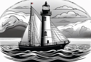maritime lighthouse partially hidden by its large fixed sail. calm sea reflection. tattoo idea