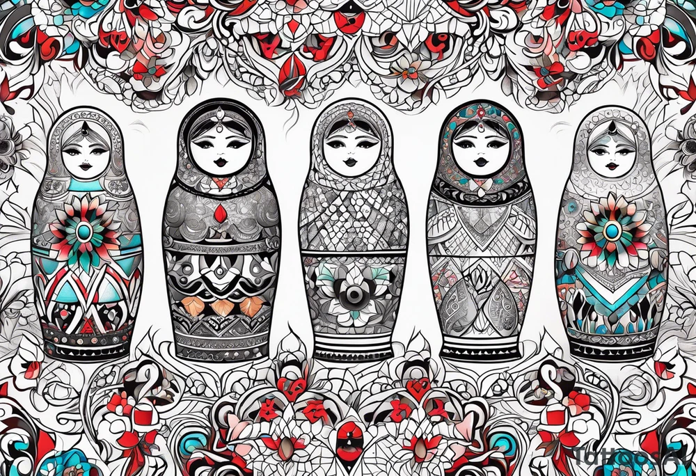 Russian doll with geometric patterns, with lots of Indian designs around the doll tattoo idea