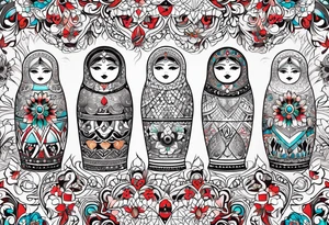 Russian doll with geometric patterns, with lots of Indian designs around the doll tattoo idea