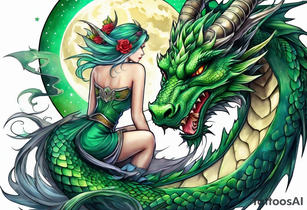 Moon fairy green dragon tattoo idea