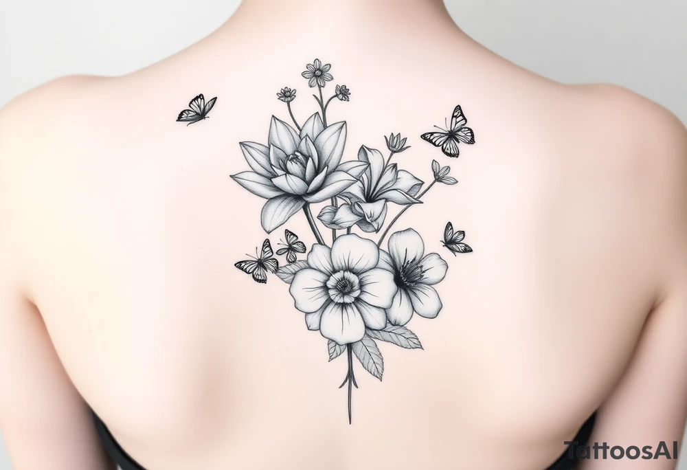 In a vertical line water lily, rose, violet and narcissus. Surrounded by small delicate butterflies 

Not a bouquet tattoo idea