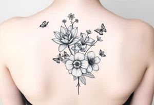 In a vertical line water lily, rose, violet and narcissus. Surrounded by small delicate butterflies 

Not a bouquet tattoo idea