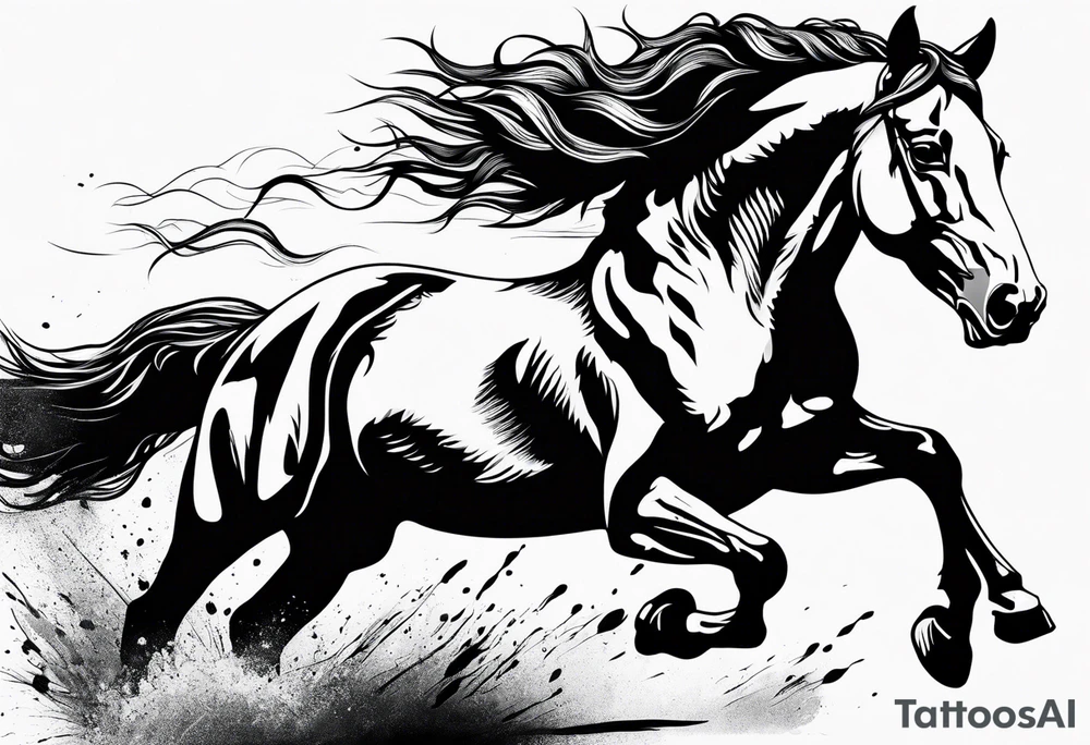 Mustang horse running along blood stomping tattoo idea