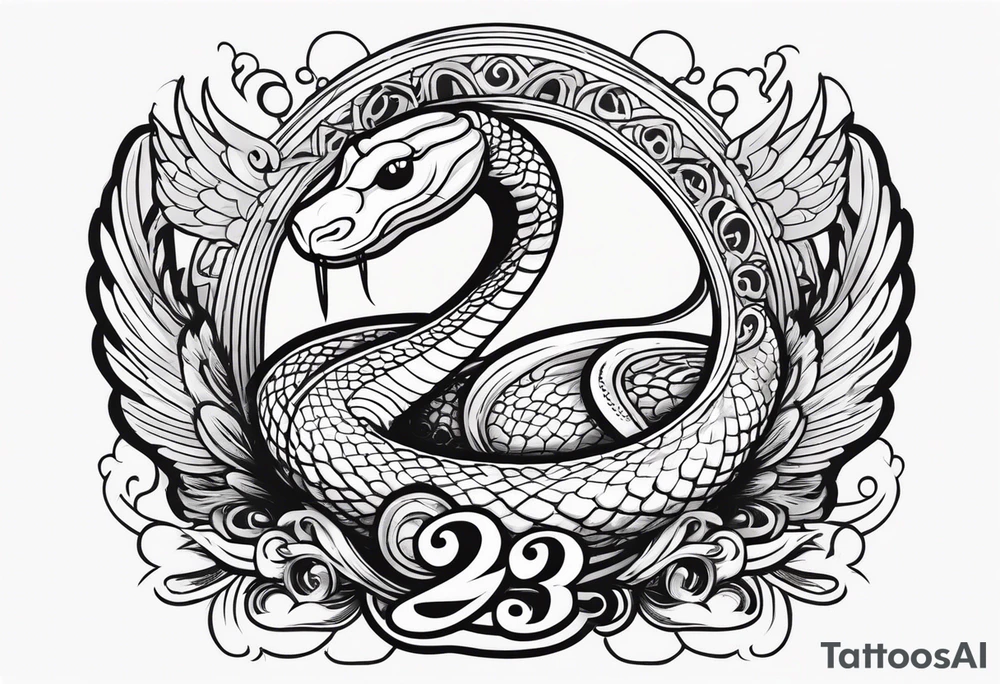 A snake with halo on her head and wings on the side, on the bottom with number 23 tattoo idea