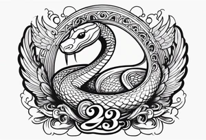 A snake with halo on her head and wings on the side, on the bottom with number 23 tattoo idea