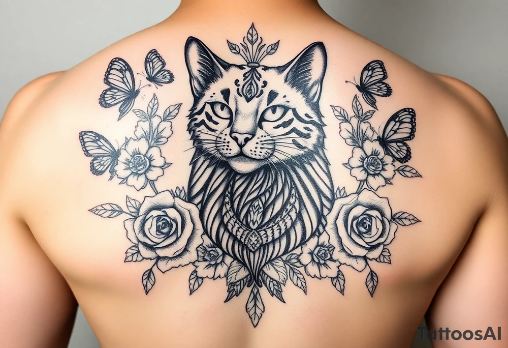 Elegant Egyptian feline surrounded by rose ornaments and butterflies tattoo idea