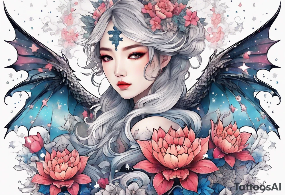 Constellation, wing , snow , cross , dragon female japan kawaii , flower tattoo idea