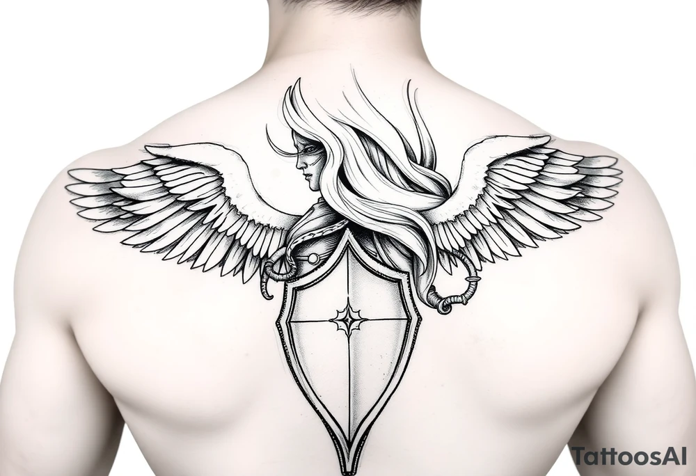femme blonde cheveux long ondulé, en armure de chevalier tenant épée à la mais et de grandes ailes d'anges déployées tattoo idea