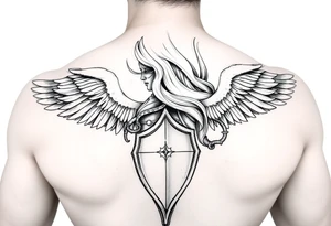 femme blonde cheveux long ondulé, en armure de chevalier tenant épée à la mais et de grandes ailes d'anges déployées tattoo idea