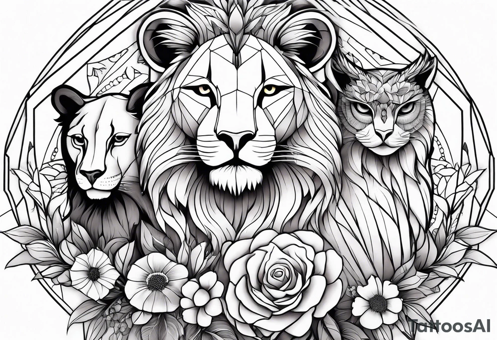 lionesses and an owl with flowers tattoo idea