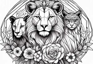 lionesses and an owl with flowers tattoo idea