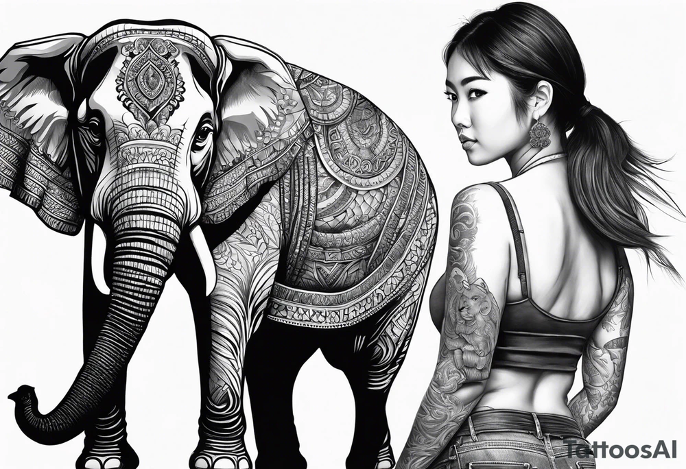 Asian girl with large boobs standing next to an elephant tattoo idea