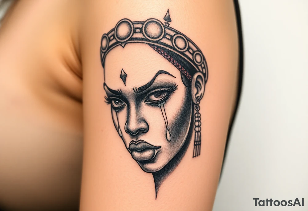 African goddess with white eyes crying white tears tattoo idea