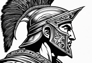 Side profile Spartan Solider ancient roman city in the background tattoo idea