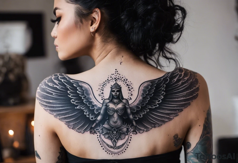black kali, goddess pirate, alien, angel, pachamama, valkrye, warrior, flying, skull, lotus azul, wing, eagle, zenza resonance, stars, 5D, anahata chakra, death, durga, riding on a tiger, flying lady, chest tatoo tattoo idea