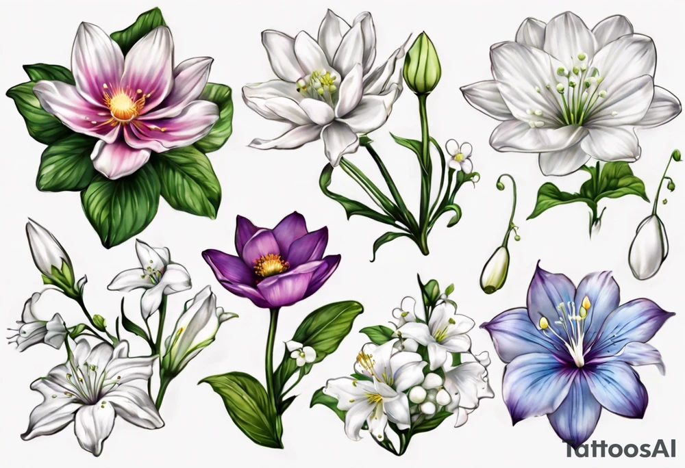 Make a tattoo with Cosmos flower, lily Of the valley, water lily, snow drop, and morning glory with all flowers together tattoo idea