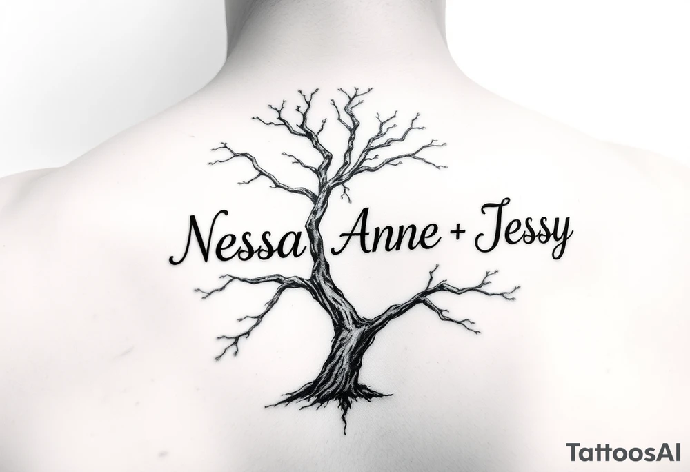 the name Nessa, Anne, Jessy
 on a live tree tattoo idea