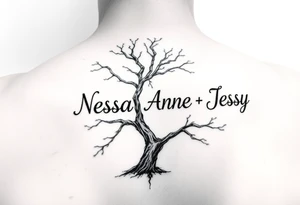 the name Nessa, Anne, Jessy
 on a live tree tattoo idea