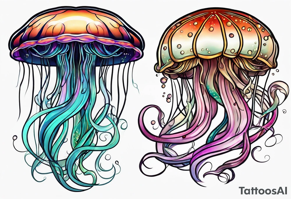 two jellyfish swimming together, with one larger than the other, with space in between them both with long tentacles of varying lengths and design tattoo idea