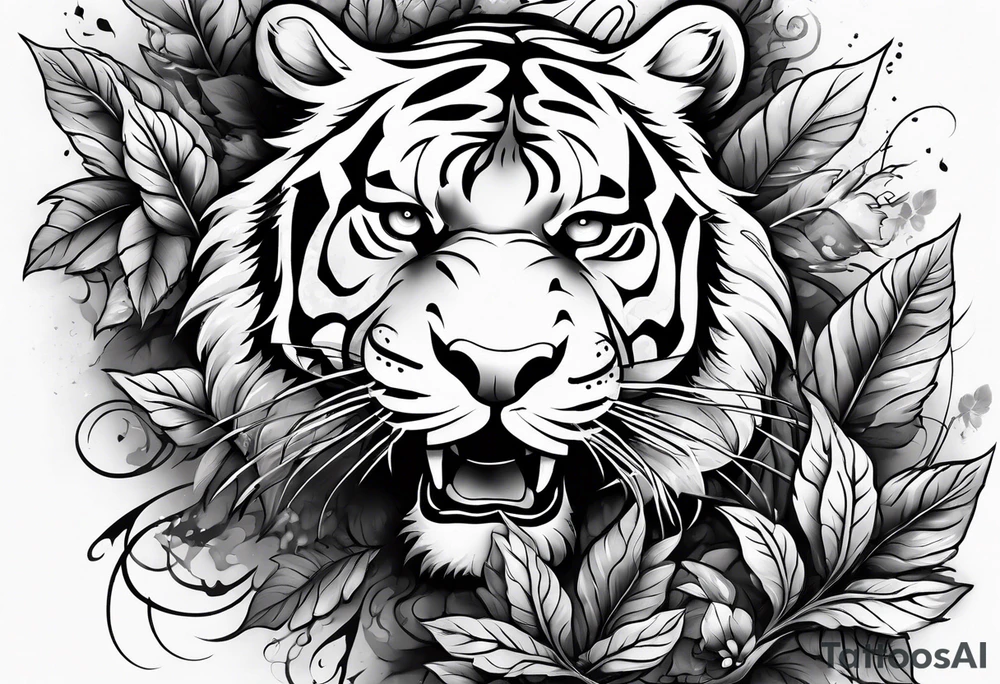Fierce tigger growling with leaves and smoke around the image tattoo idea