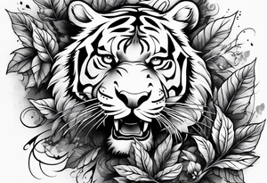 Fierce tigger growling with leaves and smoke around the image tattoo idea