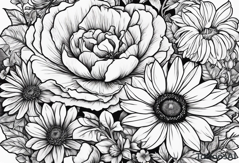 Roses, marigolds, cosmos, daisies, sweet peas and sunflowers tattoo idea