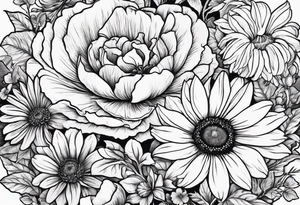 Roses, marigolds, cosmos, daisies, sweet peas and sunflowers tattoo idea