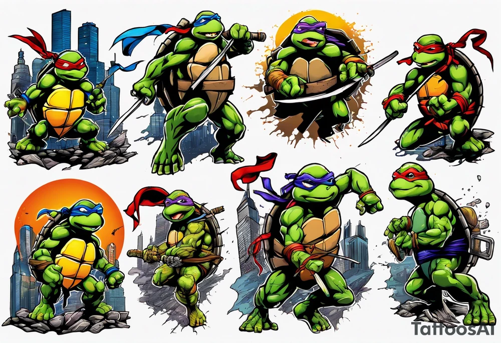 all four teenage mutant ninja turtles fighting enemies in a cityscape tattoo idea