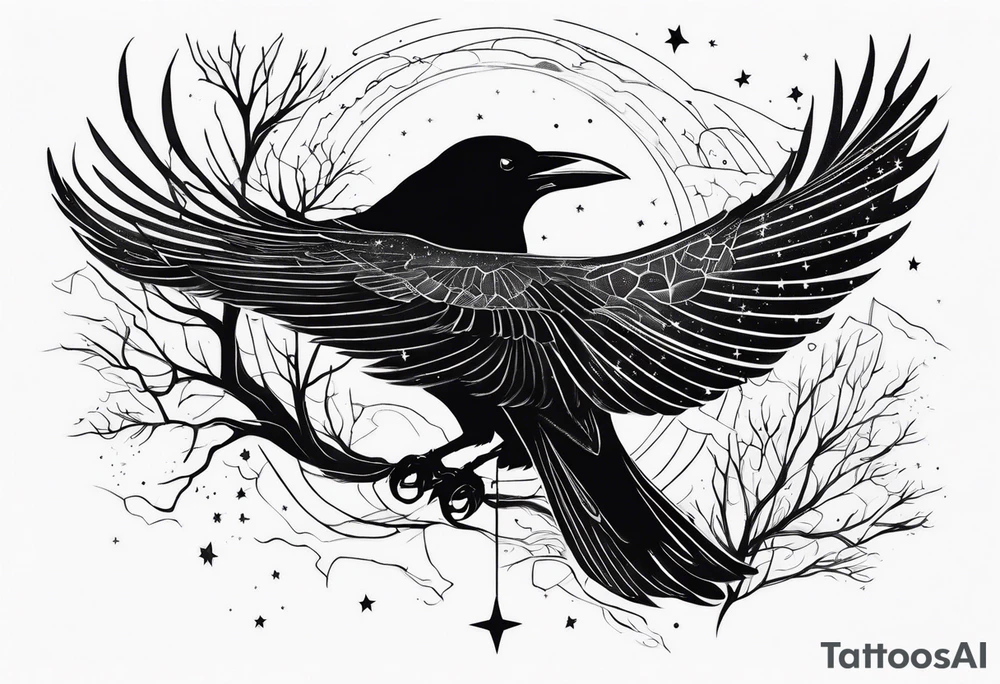 Raven flying, in battle, knowing, light behind its eyes, ethereal, stars and trees in the background tattoo idea