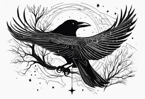 Raven flying, in battle, knowing, light behind its eyes, ethereal, stars and trees in the background tattoo idea