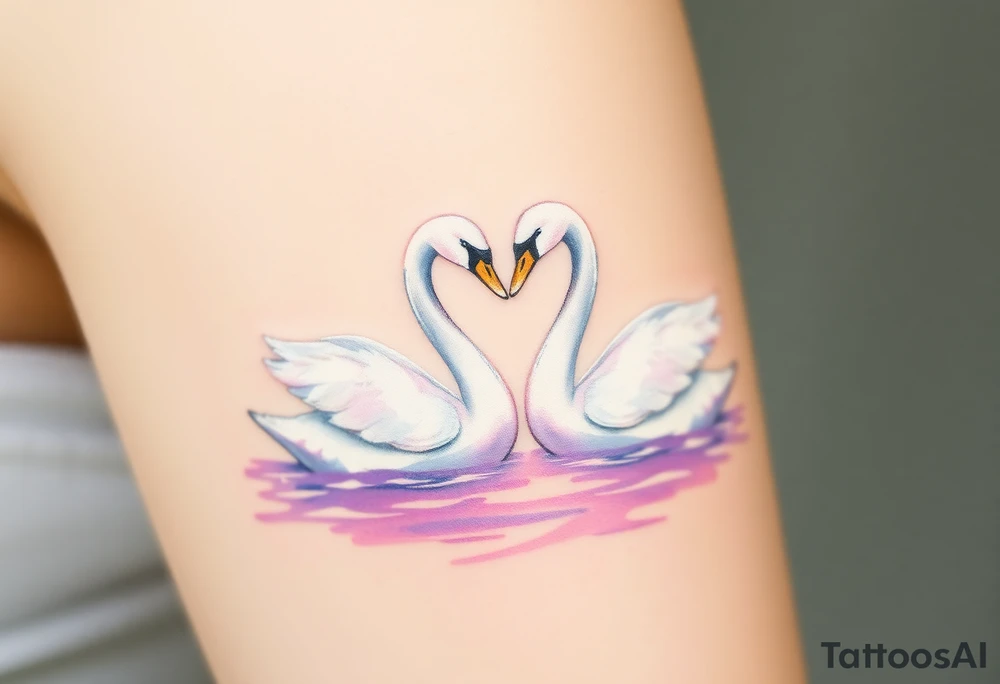 Two swans in graceful white with golden beaks, forming a heart with their necks, floating on a shimmering lavender-hued lake tattoo idea